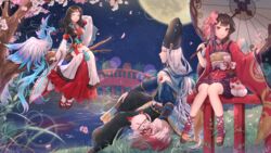  1boy 2girls abe_no_seimei_(onmyoji) bad_id bad_pixiv_id bird black_hair blue_eyes fox goryou_(onmyoji) holding holding_umbrella in_tree kagura_(onmyoji) kohaku_(onmyoji) long_hair looking_at_another medium_hair multiple_girls onmyoji ozzingo parasol red_eyes short_hair silver_hair sitting sitting_in_tree tree umbrella yao_bikuni_(onmyoji) 