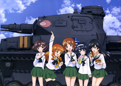  5girls :d absurdres ahoge akiyama_yukari anglerfish arm_up black_eyes black_hair black_socks black_thighhighs blush bottle brown_eyes brown_footwear brown_hair burger cloud cowboy_shot day doughnut emblem eyebrows finger_to_mouth fish food fork girls_und_panzer green_skirt hairband head_tilt highres holding holding_bottle holding_food holding_fork huge_ahoge isuzu_hana kneehighs lettuce loafers long_hair long_sleeves looking_at_another military military_vehicle motor_vehicle multiple_girls neckerchief nishizumi_miho official_art ooarai_(emblem) ooarai_school_uniform open_mouth outdoors pleated_skirt pointing pointing_up reizei_mako school_uniform serafuku shirt shoes short_hair skirt sky smile socks standing sugimoto_isao takebe_saori tank thighhighs translation_request very_long_hair white_shirt zettai_ryouiki 