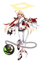  absurdres ahoge ankle_strap ass_visible_through_thighs bad_id bad_pixiv_id ball_and_chain_restraint belt blonde_hair blush breasts buckle contrapposto female full_body gloves guilty_gear guilty_gear_xrd halo high_heels highres jack-o&#039;_valentine jewelry large_breasts leg_up long_hair looking_at_viewer multicolored_hair necklace open_clothes open_mouth outstretched_arms pink_eyes plunging_neckline red_hair simple_background solo spiked_halo straitjacket taut_clothes teddyellow teeth two-tone_hair white_background wide_hips wide_sleeves 