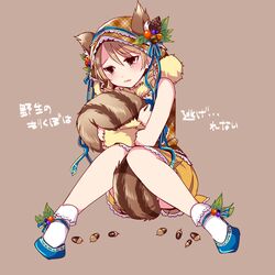  acorn animal_ears bare_shoulders blue_footwear bobby_socks brown_background brown_eyes commentary_request drill_hair earrings ears_through_headwear female full_body hood hugging_own_tail hugging_tail idolmaster idolmaster_cinderella_girls jewelry knees_together_feet_apart leaf light_brown_hair miniskirt morikubo_nono open_mouth pinecone shoes short_hair simple_background sitting skirt socks solo squirrel_ears squirrel_tail tail translation_request wavy_mouth wemu_(ivycrown) yellow_skirt 