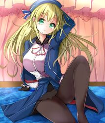  arm_up atago_(kancolle) bad_id bad_pixiv_id beret black_pantyhose blonde_hair breasts curtains female green_eyes hat hat_ribbon highres jacket kantai_collection knee_up large_breasts legs long_hair long_sleeves looking_at_viewer no_shoes open_clothes open_jacket pantyhose ribbon shirt sitting skirt solo uniform velia white_shirt 