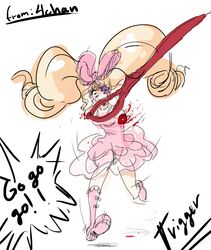  amputee blonde_hair blood boots bow commentary crazy_eyes drawfag dress drill_hair english_commentary eyepatch female hairbow harime_nui kill_la_kill kill_la_kill_final_episode_scissor_blade_relay_(meme) long_hair meme mouth_hold pink_bow pink_footwear running scissor_blade_(kill_la_kill) sharp_teeth solo spoilers teeth twin_drills twintails 