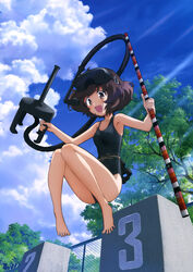  absurdres akiyama_yukari barefoot black_one-piece_swimsuit brown_eyes brown_hair casual_one-piece_swimsuit cloud cloudy_sky day female from_below girls_und_panzer goggles highres holding jumping measuring_stick messy_hair official_art one-piece_swimsuit open_mouth outdoors pool short_hair sky smile snorkel solo sugimoto_isao swimsuit tree 