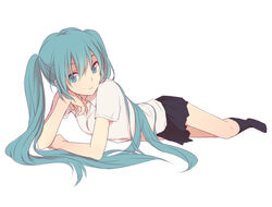  aqua_eyes aqua_hair black_socks commentary_request female full_body hatsune_miku kneehighs long_hair lying pleated_skirt school_uniform shirt short_sleeves simple_background skirt socks solo teti very_long_hair vocaloid white_background wing_collar 