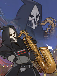  1boy bandolier coat commentary gloves highres hood hooded_jacket instrument jacket jazz_for_your_soul_(meme) male_focus mask meme mouth_mask multiple_views overwatch overwatch_1 photoshop_(medium) reaper_(overwatch) saxophone shotgun_shell splashbrush tenor_saxophone three_quarter_view trench_coat zoom_layer 