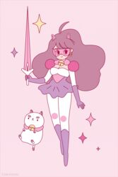  ahoge animal_ears animated animated artist_name bee_(bee_and_puppycat) bee_and_puppycat bell boots brown_hair choker claire_belton earrings elbow_gloves female floating full_body gloves jewelry jingle_bell knee_boots long_hair pantyhose pink_background puppycat simple_background skirt smile sparkle sword weapon 