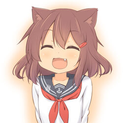  animal_ears brown_hair cat_ears closed_eyes commentary_request facing_viewer female hair_ornament hairclip ikazuchi_(kancolle) kantai_collection kemonomimi_mode miyako_hito oerba_yun_fang open_mouth photoshop_(medium) school_uniform serafuku short_hair smile solo 