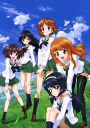  5girls :d absurdres ahoge akiyama_yukari bent_over black_eyes black_hair black_socks black_thighhighs blue_legwear brown_eyes brown_hair clenched_hands closed_mouth collarbone day eyebrows girls_und_panzer grass green_skirt hairband hand_on_leg hands_on_another&#039;s_shoulders head_tilt highres huge_ahoge hugging_own_legs isuzu_hana kneehighs loafers long_hair long_sleeves looking_at_viewer multiple_girls neckerchief nishizumi_miho official_art ooarai_school_uniform open_mouth outdoors outstretched_arm parted_lips pleated_skirt reizei_mako school_uniform serafuku shirt shoes short_hair sitting skirt smile socks standing sugimoto_isao takebe_saori thighhighs v v_arms very_long_hair white_shirt wind 