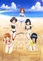  5girls :/ :d ;d absurdres ahoge akiyama_yukari arm_support barefoot beach bikini black_eyes black_hair blue_bikini blush breasts brown_eyes brown_hair building casual_one-piece_swimsuit cleavage clenched_hand closed_mouth cloud collarbone day eyebrows frilled_one-piece_swimsuit frills girls_und_panzer green_bikini hairband halterneck head_tilt highres huge_ahoge isuzu_hana legs_apart long_hair medium_breasts multiple_girls navel nishizumi_miho official_art one-piece_swimsuit one_eye_closed open_mouth outdoors outstretched_arm pink_bikini pointing reizei_mako sand_writing short_hair sitting sky small_breasts smile standing stick striped_bikini striped_clothes sugimoto_isao swimsuit takebe_saori very_long_hair wariza water yellow_one-piece_swimsuit yoshida_nobuyoshi 