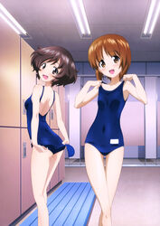  2girls :d absurdres adjusting_clothes adjusting_swimsuit akiyama_yukari ass ass_visible_through_thighs blue_one-piece_swimsuit blush body_blush breasts brown_eyes brown_hair collarbone eyebrows fluorescent_lamp girls_und_panzer head_tilt highres indoors locker multiple_girls nishizumi_miho official_art one-piece_swimsuit open_mouth short_hair small_breasts smile standing strap_lift sugimoto_isao swim_cap swimsuit thigh_gap unworn_swim_cap yoshida_nobuyoshi 