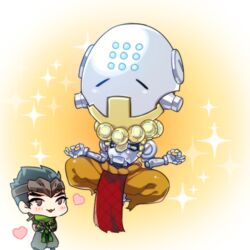  2boys :3 black_hair blush brown_hair chibi cyborg floating genji_(overwatch) heart humanoid_robot indian_style japanese_clothes male_focus mask monk multiple_boys omnic open_mouth overwatch pants robot scarf shino_da short_hair sitting smile sphere spiked_hair zenyatta_(overwatch) 