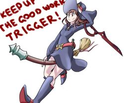  akko_kagari bailing_baker boots broom broom_riding brown_hair company_connection crossover dress female hat kill_la_kill knee_boots little_witch_academia long_hair scissor_blade smile solo trigger_(company) witch witch_hat 