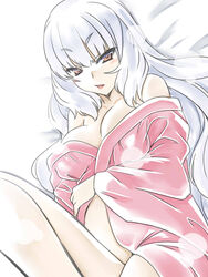  aged_up blush breasts brown_eyes cleavage commentary_request female hakkai highres kantai_collection knee_up large_breasts long_hair looking_at_viewer lying murakumo_(kancolle) naked_robe on_back parted_lips robe solo white_hair 