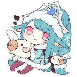  :3 alternate_costume alternate_hair_color alternate_hairstyle blue_dress blue_hair chibi commentary dress english_commentary female hat konatsu_miyu league_of_legends long_hair long_sleeves lulu_(league_of_legends) pink_eyes poro_(league_of_legends) smile solo winter_wonder_lulu yordle 