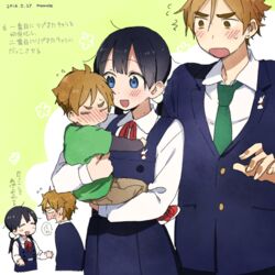  2boys aged_down black_hair blue_eyes blush brown_eyes brown_hair commentary_request dress dual_persona female flying_sweatdrops hug kitashirakawa_tamako long_hair mole mole_on_neck momose_(oqo) multiple_boys necktie ooji_mochizou pinafore_dress school_uniform short_hair sleeveless sleeveless_dress tamako_market time_paradox translation_request twintails 