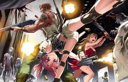  1boy 2girls action baseball_bat battle blonde_hair blood blue_eyes casing_ejection city clenched_teeth cocking_gun commentary dress dual_wielding english_commentary firing glock gun handgun highres holding knee_pads kneepits kriss_sison midriff mouth_hold multiple_girls muzzle_flash navel original red_dress red_hair shell_casing shorts shotgun tattoo teeth upside-down weapon zombie 