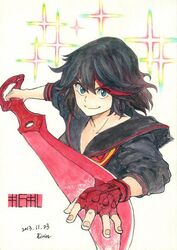  bad_id bad_twitter_id black_hair blue_eyes commentary_request dated female fingerless_gloves gloves kill_la_kill kill_la_kill_final_episode_scissor_blade_relay_(meme) kirin_(kirinex) matoi_ryuuko meme multicolored_hair school_uniform scissor_blade_(kill_la_kill) senketsu serafuku short_hair single_glove smile sparkle streaked_hair symbol-shaped_pupils traditional_media upper_body 