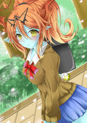  ahoge bag blue_skin blush breasts colored_skin commentary_request demon_girl dutch_angle female hair_ornament hera-ur_(p&amp;d) hera_(p&amp;d) highres horns hyakka_(myoujin) large_breasts long_hair looking_at_viewer orange_hair photoshop_(medium) pleated_skirt pointy_ears ponytail puzzle_&amp;_dragons school_bag school_uniform skirt solo sweater yellow_eyes 