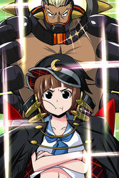  1boy banchou black_eyes blonde_hair brown_hair crossed_arms female gamagoori_ira hat jacket kill_la_kill mankanshoku_mako mask navel nishi_koutarou scourge_regalia short_hair straw 