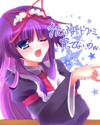  ;d bad_id bad_pixiv_id blue_eyes feli_(puyopuyo) hairband highres juliet_sleeves kisshii_(kic1224) long_hair long_sleeves one_eye_closed open_mouth puffy_sleeves purple_hair puyopuyo puyopuyo_fever smile solo star translation_request 