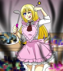  ;q alternate_costume apron bad_food blonde_hair blue_eyes blush_stickers censored censored_food commentary_request dojikko_pose female frilled_apron frills housen_natsuki ladle lili_(tekken) long_hair mosaic_censoring one_eye_closed solo tekken tongue tongue_out 