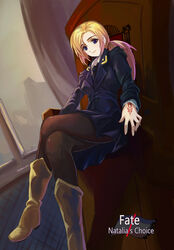  blonde_hair blue_eyes chair command_spell commentary_request crimean_flag crossed_legs fate_(series) female flag highres military military_uniform natalia_poklonskaya necktie pantyhose parody photoshop_(medium) ponytail real_life sitting solo uniform ushas 