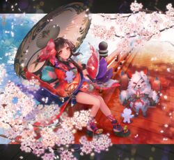  bell black_hair blunt_bangs bow bridge cherry_blossoms commentary_request female fox full_body hairbow highres japanese_clothes jingle_bell kagura_(onmyoji) kimono kohaku_(onmyoji) long_hair long_sleeves looking_at_viewer multiple_tails obi oil-paper_umbrella on_railing onmyoji parted_lips petals platform_footwear railing red_eyes river sash shikigami short_kimono shutsuri smile tail two_tails umbrella wide_hips 