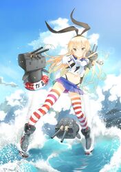  ankle_boots banned_artist blonde_hair blue_eyes blue_sky boots cloud crop_top crop_top_overhang day elbow_gloves flat_chest gloves grey_footwear hairband highleg highleg_panties highres innertube kantai_collection lens_flare long_hair looking_at_viewer microskirt midriff navel nigiriushi panties red_legwear rensouhou-chan shimakaze_(kantai_collection) skindentation skirt sky smile striped striped_legwear thighhighs underwear waves white_gloves 