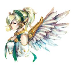  bad_id bad_pixiv_id blonde_hair blue_eyes breasts commentary dress feathered_wings female from_side hair_over_one_eye head_wreath headpiece high_ponytail highres jewelry laurel_crown mechanical_wings medium_hair mercy_(overwatch) nvalkyrja official_alternate_costume overwatch overwatch_1 profile red_lips short_sleeves simple_background small_breasts solo upper_body white_background white_dress winged_victory_mercy wings 