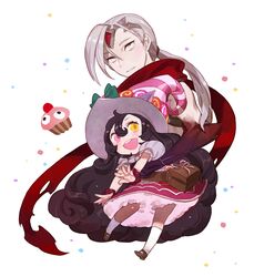  1boy alternate_costume alternate_eye_color bag black_hair blush commentary female grey_eyes grey_hair gwayo hat league_of_legends long_hair lulu_(league_of_legends) open_mouth ponytail short_sleeves skirt smile varus white_background yordle 