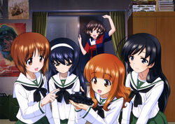  5girls :d absurdres ahoge akiyama_yukari black_eyes black_hair blush brown_eyes brown_hair circle_k_sunkus curtains employee_uniform eyebrows gas_can girls_und_panzer green_skirt hairband highres holding huge_ahoge indoors isuzu_hana kurokishi_monogatari long_hair long_sleeves multiple_girls neckerchief nishizumi_miho official_art ooarai_school_uniform open_mouth open_window pleated_skirt pointing poster_(object) reizei_mako school_uniform serafuku shirt short_hair skirt smile sugimoto_isao takebe_saori toy_tank uniform very_long_hair white_shirt window 