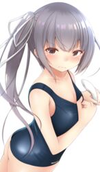  ass bad_id bad_pixiv_id bare_arms brown_eyes closed_mouth cowboy_shot doyachii female grey_hair highres kantai_collection kasumi_(kancolle) long_hair looking_at_viewer one-piece_swimsuit school_swimsuit shower_head side_ponytail simple_background solo swimsuit white_background 