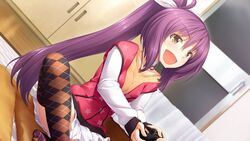  asahina_chitose char collarbone cosmic_cute_(company) female female game_cg gleam_garden_no_shoujo hair_ornament hairbow long_hair long_sleeves open_mouth ponytail purple_hair sitting skirt solo thighhighs tongue white_skirt yellow_eyes zettai_ryouiki 