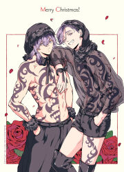  2boys abs arm_tattoo belt black_belt black_hair black_hat black_pants black_ribbon black_shirt black_shorts brothers chest_tattoo earrings flower fur-trimmed_headwear fur_trim grin haitani_ran haitani_rindou hands_in_pocket hat highres jewelry leg_tattoo long_sleeves male_focus medium_hair merry_christmas multicolored_hair multiple_boys navel niko20223 one_eye_closed pants petals purple_eyes red_flower red_petals red_rose ribbon rose rose_petals see-through_clothes see-through_shirt shirt short_hair shorts shoulder_tattoo siblings smile stomach_tattoo streaked_hair tattoo tokyo_revengers two-tone_hair very_short_hair wolf_cut 