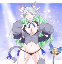  animal_ears areola_slip blue_hair breasts cleavage colored_inner_hair cosplay fate/grand_order fate_(series) female green_eyes green_hair kukulkan_(fate) large_breasts light_blue_hair midriff miyu_edelfelt miyu_edelfelt_(beast_style) miyu_edelfelt_(beast_style)_(cosplay) multicolored_hair navel nick_(pix425) one_eye_closed open_mouth revealing_clothes solo upper_body 