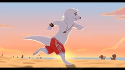  16:9 2019 absurd_res anthro beach black_bars black_nose bottomwear clothed clothing fist fur group hi_res letodoesart letterbox lifeguard male mammal mustelid otter pawpads pebble_(letodoesart) pink_pawpads running seaside shorts solo_focus topless water whiskers white_body white_fur widescreen 