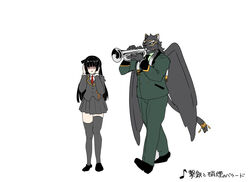  annoying anthro black_body black_fur black_hair brass_instrument clothing duo felid female female_protagonist_(tas) fur hair hi_res human humor kuru_bushi18 lifewonders long_hair male mammal meme musical_instrument necktie pantherine protagonist_(tas) school_uniform suit tezcatlipoca_(tas) tokyo_afterschool_summoners trumpet trumpet_boy uniform wind_instrument wings 