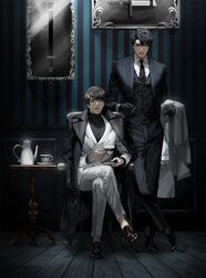  2boys black_eyes black_gloves black_hair black_necktie blackbox_(blackbox9158) chair crossed_legs cup dress_shoes fashion formal framed full_body gloves highres holding holding_clothes holding_cup holding_jacket jacket kim_dokja korean_commentary leaning_on_object long_sleeves looking_at_viewer multiple_boys necktie omniscient_reader&#039;s_viewpoint picture_frame plate round_table scar scar_across_eye short_hair smile striped_wall suit suit_jacket sweater sword table teacup teapot turtleneck turtleneck_sweater waistcoat weapon white_suit wooden_floor yoo_joonghyuk 