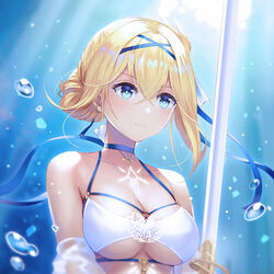  absurdres air_bubble anbe_yoshirou azur_lane bare_shoulders bikini blonde_hair blue_choker breasts bubble choker cleavage collarbone female freediving glowing_tattoo hair_bun highres jeanne_d&#039;arc_(azur_lane) jeanne_d&#039;arc_(saintess_of_the_sea)_(azur_lane) large_breasts light_rays looking_away off_shoulder official_alternate_costume photoshop_(medium) rapier short_hair single_hair_bun solo swimsuit sword underboob underwater upper_body water weapon white_bikini 