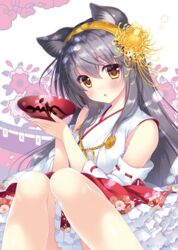  :o animal_ears bare_shoulders blush breasts brown_eyes cat_ears chrysanthemum commentary_request cup detached_sleeves female flower grey_hair hair_between_eyes hair_flower hair_ornament hairband haruna_(kancolle) holding holding_cup japanese_clothes kantai_collection large_breasts long_hair looking_at_viewer nontraditional_miko red_skirt sakazuki shigunyan sitting skirt solo very_long_hair yellow_flower yellow_hairband 