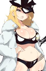  aetherion bikini bleach blonde_hair breasts cleavage coat female hat highres large_breasts lips long_hair matsumoto_rangiku mole mole_under_eye navel one_eye_covered parted_lips peaked_cap police police_hat police_uniform policewoman simple_background solo standing swimsuit uniform white_background white_coat 