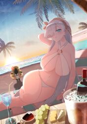  absurdres akitokage anastasia_(fate) aqua_eyes arm_behind_head backlighting bare_shoulders beach beach_chair bikini blue_sky blush bottle breasts cheese cleavage collarbone criss-cross_halter cup doll drinking_glass drinking_straw fate/grand_order fate_(series) female food fruit gradient_sky grapes grey_hair hair_over_one_eye hairband halterneck highres ice_bucket innertube large_breasts lens_flare long_hair looking_at_viewer navel o-ring ocean orange_sky outdoors palm_tree parted_lips sky smile star_(sky) starry_sky sunglasses sunset swim_ring swimsuit thighs tree viy_(fate) white_bikini wine_bottle 