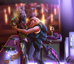  3_fingers 3_toes against_counter against_furniture against_surface alcohol alien anthro anthro_on_anthro arm_grab arm_quills armor avian beak beverage blush bodysuit bottle broken_bottle brown_body brown_feather_hair brown_feathers brown_quills carbine city city_background cityscape claws clothed clothing colored container cor_zan counter cup digitigrade drinking_glass duo eye_contact fangs feather_hair feathers feet female fingers flat_chested fully_clothed glass glass_container glass_cup green_armor grey_armor halo_(series) hand_behind_head hi_res ibie&#039;shan inside intraspecies kig-yar looking_at_another male microsoft mottled mottled_body mottled_feathers narrowed_eyes needle_rifle neonyx pseudo_hair purple_quills quill_hair raised_leg scalie shaded shards skinsuit standing t&#039;loaki t&#039;vaoan teeth tight_clothing toe_claws toes tongue tympanum wine wine_glass xbox_game_studios 