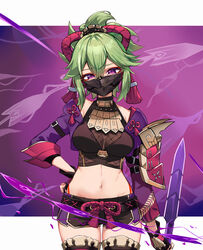  absurdres armor black_gloves black_mask black_shorts body_markings breasts commentary_request cowboy_shot crop_top cropped_jacket electricity female fishnets flower_knot genshin_impact gloves gold_trim green_hair hand_on_own_hip highres holding holding_knife ivan_wang jacket knife kuki_shinobu letterboxed long_sleeves looking_at_viewer mask medium_breasts midriff mouth_mask navel open_clothes open_jacket ponytail purple_eyes purple_jacket rope shimenawa short_shorts shorts shoulder_armor sidelocks sleeveless sleeveless_turtleneck solo stomach thighhighs thighs turtleneck weapon 