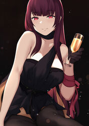  bare_shoulders bbk_(13zk) black_background black_dress black_gloves black_thighhighs blush breasts choker collarbone cup dress drinking_glass female girls&#039;_frontline gloves highres large_breasts long_hair looking_at_viewer official_alternate_costume purple_hair red_eyes smile solo thighhighs wa2000_(ballroom_interlude)_(girls&#039;_frontline) wa2000_(girls&#039;_frontline) 