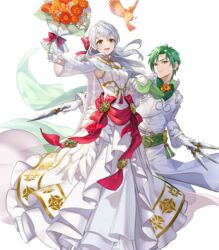  1boy alternate_costume bird blush bouquet bow cape crossed_arms dagger dress feathered_wings feathers female fire_emblem fire_emblem:_radiant_dawn fire_emblem_heroes flower full_body gloves green_hair grey_hair highres knife leaf long_hair micaiah_(bridal)_(fire_emblem) micaiah_(fire_emblem) non-web_source official_art open_mouth sothe_(fire_emblem) sothe_(groom)_(fire_emblem) teffish transparent_background veil weapon wings yellow_eyes yune_(fire_emblem) 