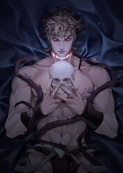  1boy abs birthmark blonde_hair bracer chanasykine chinese_commentary closed_eyes closed_mouth collarbone commentary_request crotchless crotchless_pants dio_brando ear_birthmark earrings facing_viewer flower glowing glowing_scar headband heart highres holding holding_skull jewelry jojo_no_kimyou_na_bouken male_focus mole mole_on_ear muscular muscular_male navel pants plant scar scar_on_neck short_hair skull solo stardust_crusaders suspenders_hanging thorns topless_male upper_body vines wavy_hair 