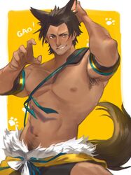  1boy abs animal_ears animal_hands armlet armpit_hair armpits bara black_hair black_shorts blush brown_eyes chest_hair claw_pose cowboy_shot dark-skinned_male dark_skin fur_trim gao grin hand_on_own_head hand_up highres large_pectorals looking_at_viewer male_focus muscular muscular_male navel navel_hair nipples octopath_traveler octopath_traveler_ii partitio_yellowil pectorals short_hair shorts sideburns smile solo stomach tail topless_male tuffy_0317 wolf_boy wolf_ears wolf_tail 