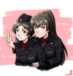  2girls artist_name black_hair black_headwear black_jacket brown_eyes brown_hair character_name dated dress_shirt garrison_cap girls_und_panzer grey_eyes hat insignia itsumi_erika&#039;s_gunner itsumi_erika&#039;s_loader jacket kuromorimine_military_uniform long_hair long_sleeves looking_at_viewer low_twintails medium_hair military military_hat military_uniform multiple_girls nishi_itsumi ponytail red_shirt shirt smile twintails uniform upper_body v wing_collar 