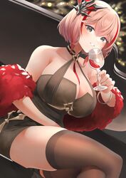  alcohol azur_lane black_dress bottle breasts brown_thighhighs cleavage crossed_legs cup dress drinking drinking_glass dutch_angle feather_boa female fine_fabric_emphasis grey_eyes hair_ornament halter_dress halterneck highres holding holding_cup huge_breasts light_brown_hair looking_at_viewer multicolored_hair official_alternate_costume red_hair red_wine roon_(azur_lane) roon_(viridescent_lullaby)_(azur_lane) sitting sleeveless sleeveless_dress smile solo streaked_hair take_yaki thighhighs tight_clothes tight_dress two-tone_hair wine wine_bottle wine_glass 